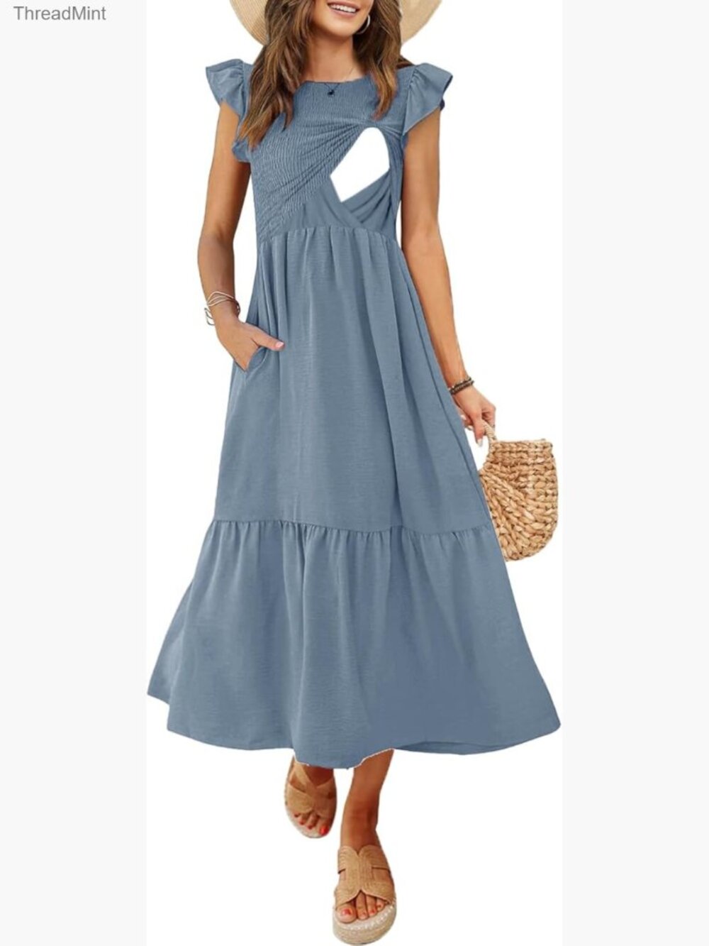 Nursing Midi Dress Flutter Sleeve Smocked Waist Pockets Tiered